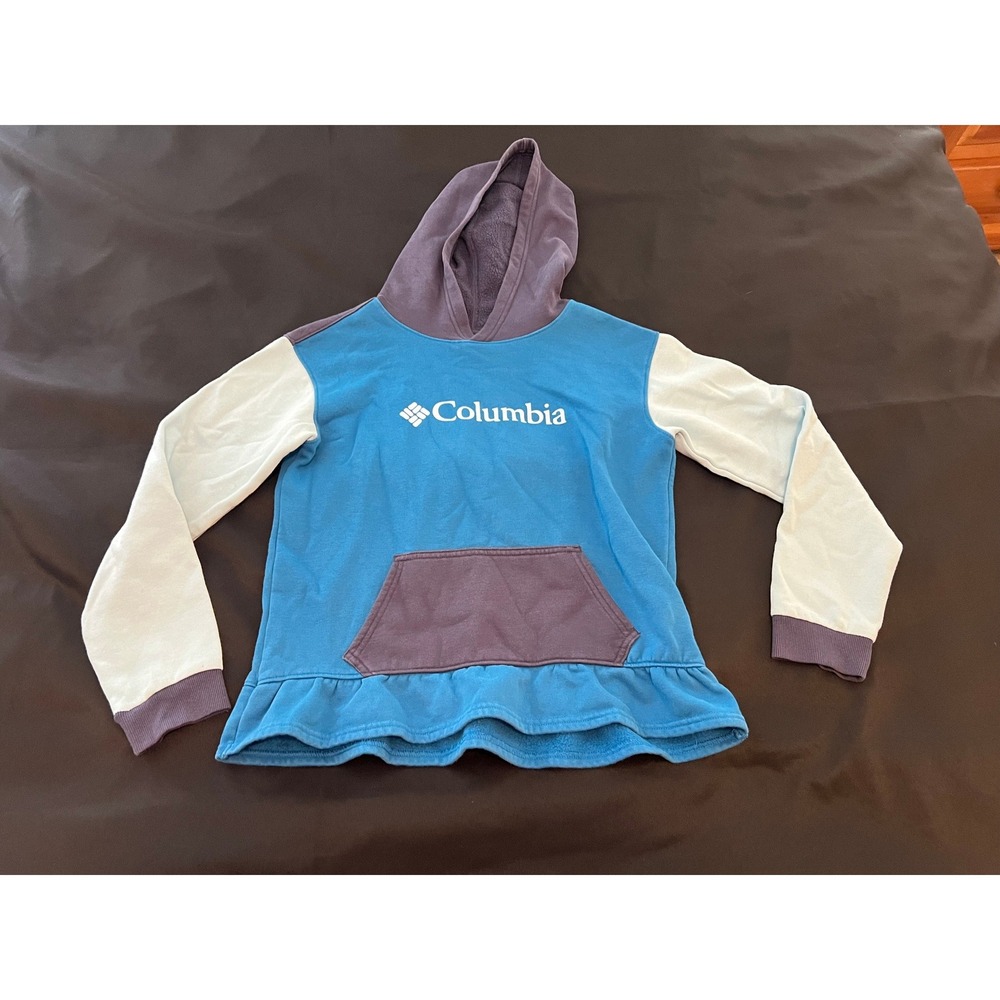Columbia Girls Hoodie Blue Purple Colorblock Ruffle Hem Sweatshirt Size L 14/16